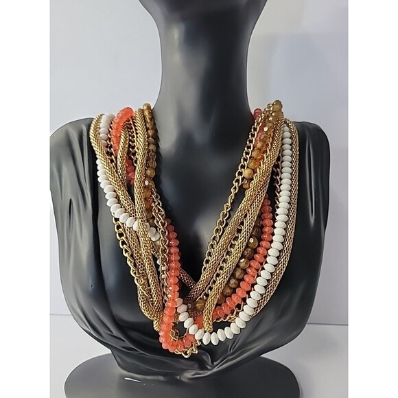 Vintage NY Necklace Multi Strand Beaded Chain Gold Tone Red Gold Twisted - Picture 2 of 14